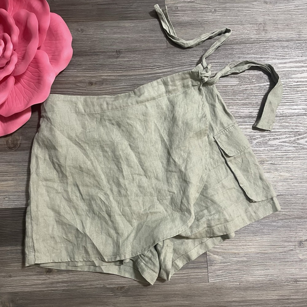 JOIE Womens Sz L Green 100% Linen Skort Wrap Skirt Shorts Tennis Pickleball Golf